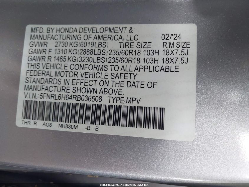 2024 Honda Odyssey Ex-L VIN: 5FNRL6H64RB036508 Lot: 43404325