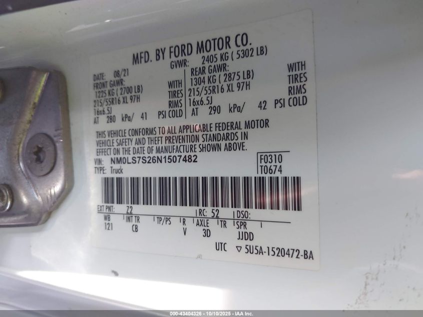 2022 Ford Transit Connect Xl VIN: NM0LS7S26N1507482 Lot: 43404326