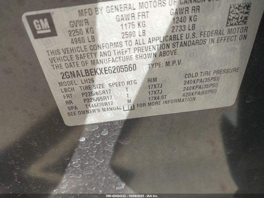 2014 Chevrolet Equinox 1Lt VIN: 2GNALBEKXE6205560 Lot: 43404332