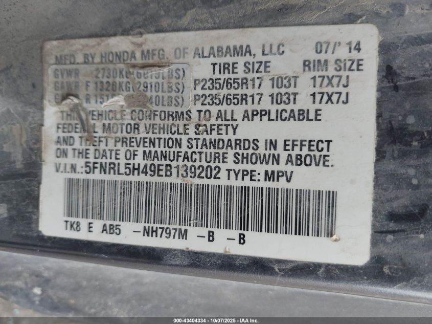 2014 Honda Odyssey Ex VIN: 5FNRL5H49EB139202 Lot: 43404334