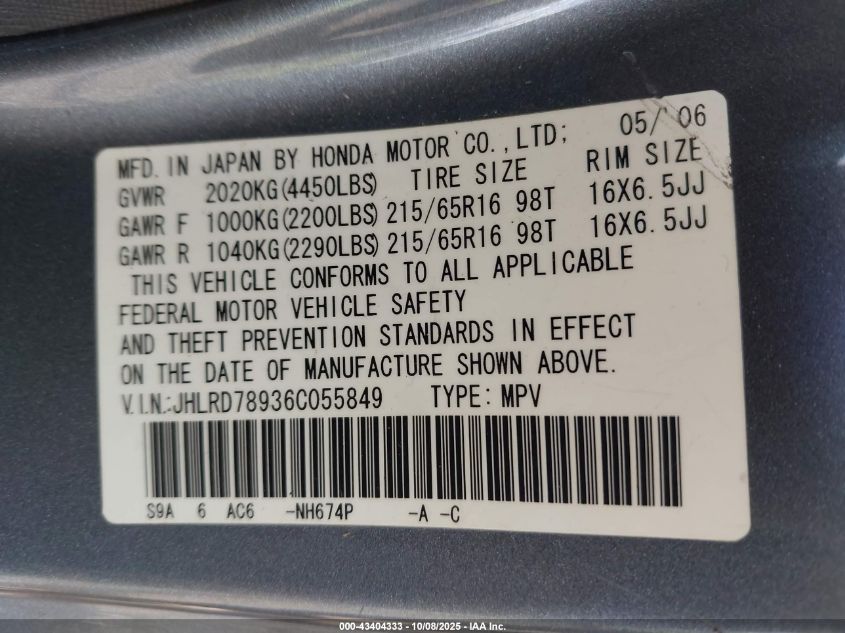 2006 Honda Cr-V Se VIN: JHLRD78936C055849 Lot: 43404333