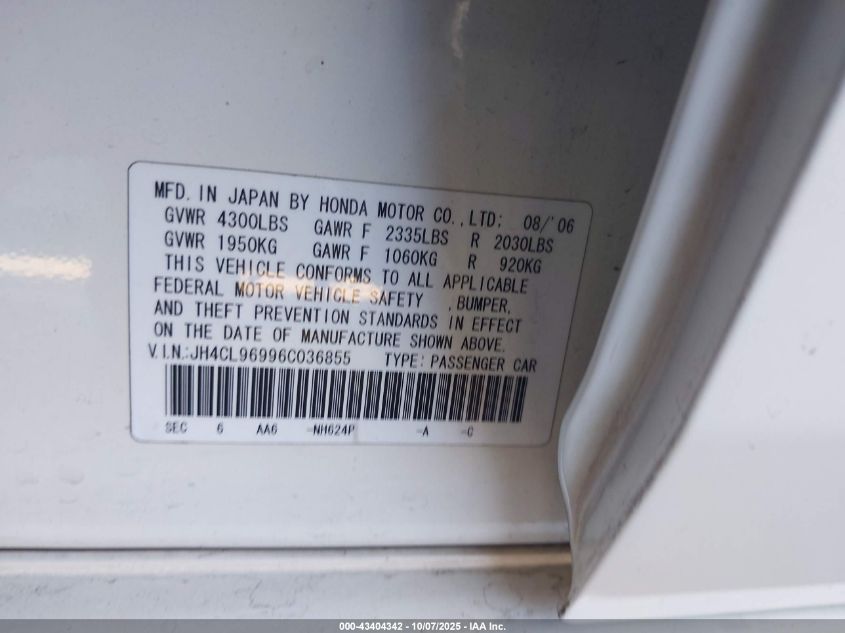 2006 Acura Tsx VIN: JH4CL96996C036855 Lot: 43404342