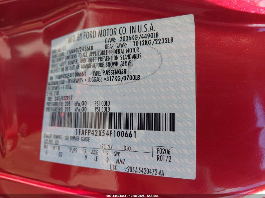 2004 Ford Mustang Gt VIN: 1FAFP42X54F100661 Lot: 43404344