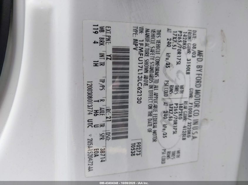 2003 Ford Expedition Eddie Bauer VIN: 1FMFU17L13LC62130 Lot: 43404348