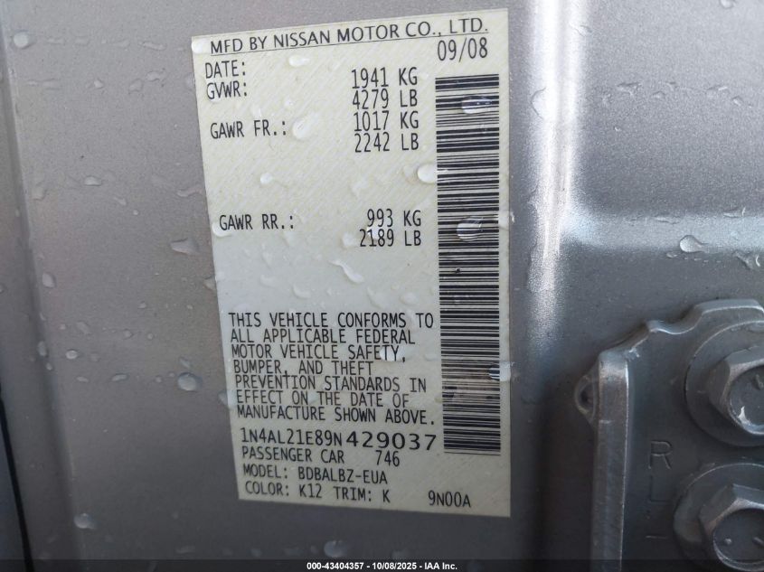 2009 Nissan Altima 2.5 S VIN: 1N4AL21E89N429037 Lot: 43404357
