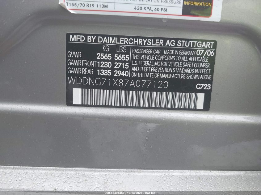 2007 Mercedes-Benz S 550 VIN: WDDNG71X87A077120 Lot: 43404359