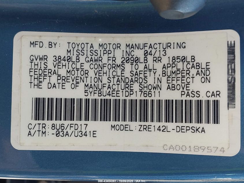 2013 Toyota Corolla S VIN: 5YFBU4EE1DP176611 Lot: 43404361