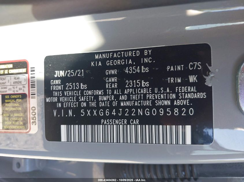 2022 Kia K5 Gt-Line VIN: 5XXG64J22NG095820 Lot: 43404362