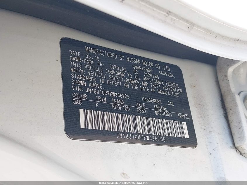 2019 Nissan Rogue Sport Sv VIN: JN1BJ1CR7KW336706 Lot: 43404366