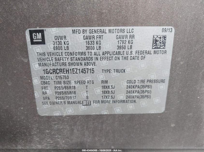 2014 Chevrolet Silverado 1500 1Lt VIN: 1GCRCREH1EZ145715 Lot: 43404369