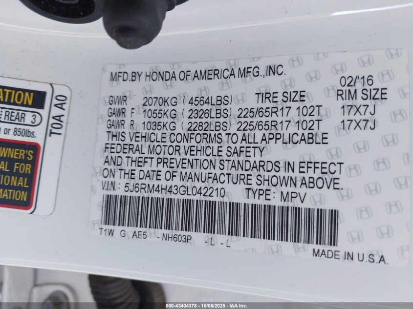 2016 Honda Cr-V Se VIN: 5J6RM4H43GL042210 Lot: 43404378