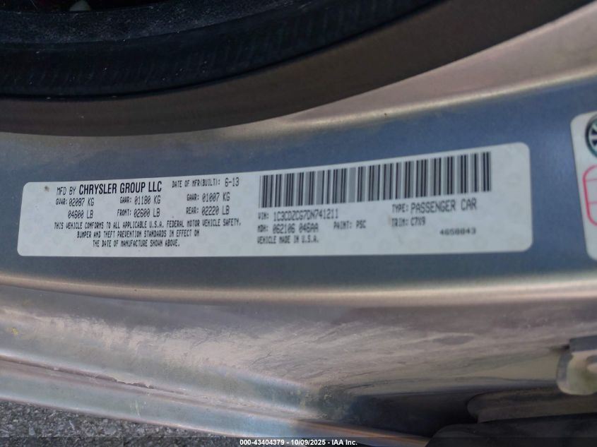 2013 Dodge Avenger Sxt VIN: 1C3CDZCG7DN741211 Lot: 43404379