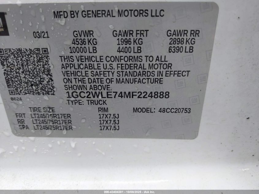 2021 Chevrolet Silverado 2500Hd 2Wd Standard Bed Wt VIN: 1GC2WLE74MF224888 Lot: 43404381