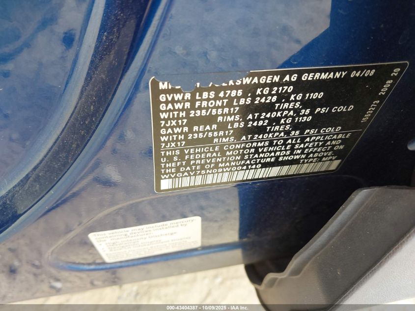 2009 Volkswagen Tiguan S/Se/Sel VIN: WVGAV75N09W004140 Lot: 43404387