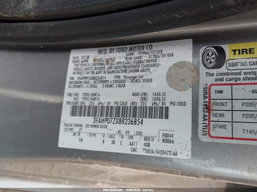 3FAHP07ZX8R236854 2008 FORD FUSION photo no. 9