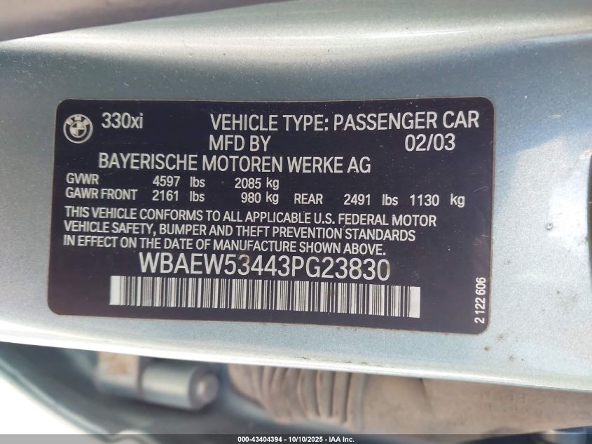 2003 BMW 330Xi VIN: WBAEW53443PG23830 Lot: 43404394