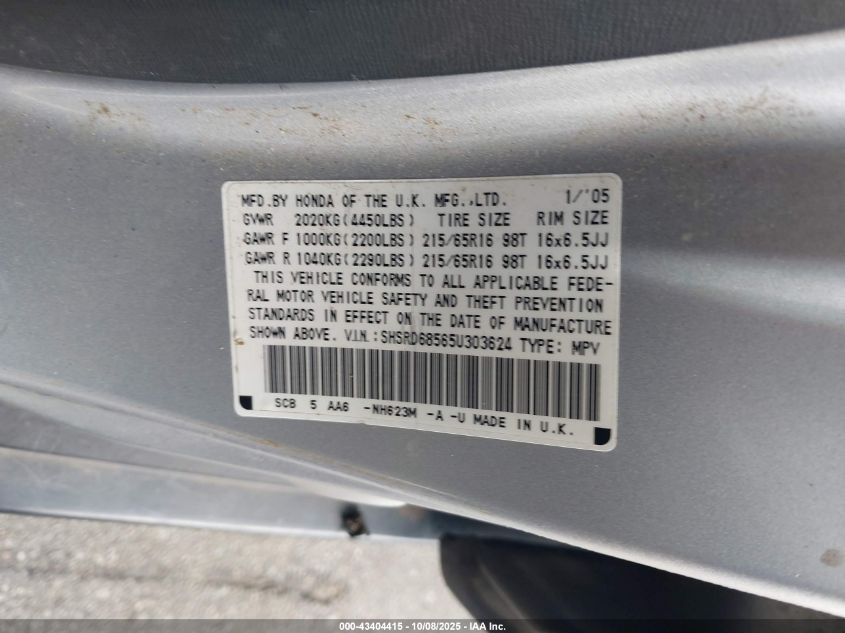 2005 Honda Cr-V Lx VIN: SHSRD68565U303624 Lot: 43404415