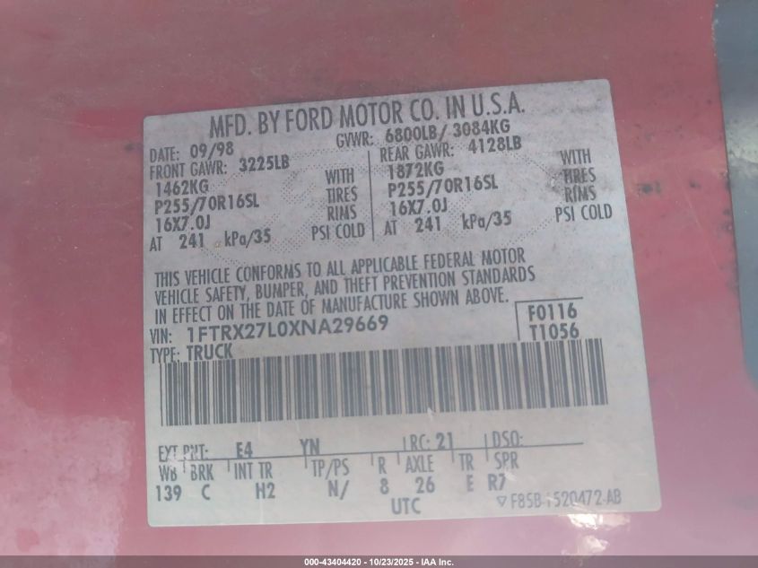 1999 Ford F-250 Lariat/Work Series/Xl/Xlt VIN: 1FTRX27L0XNA29669 Lot: 43404420