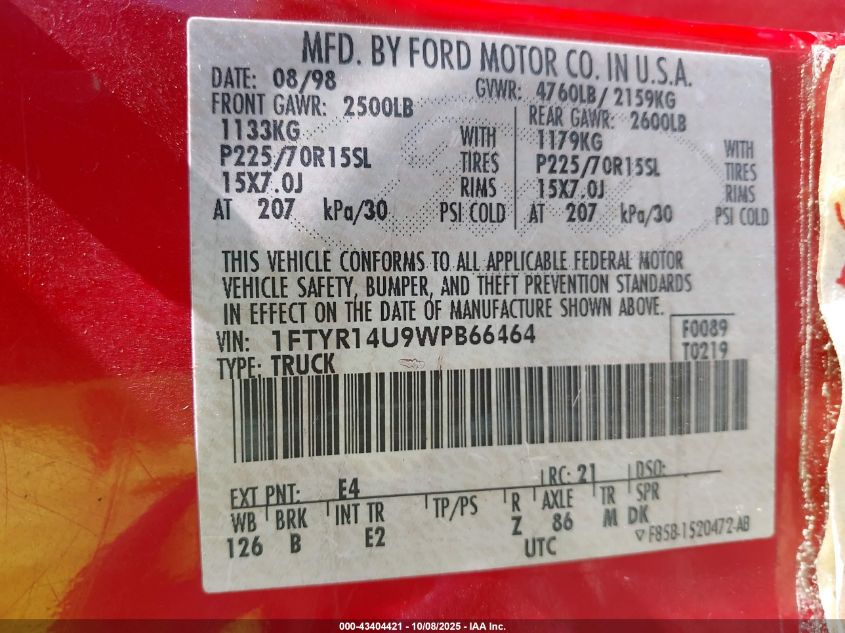 1998 Ford Ranger Splash/Xl/Xlt VIN: 1FTYR14U9WPB66464 Lot: 43404421