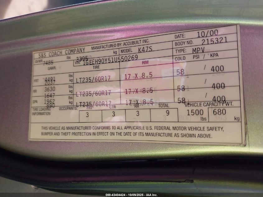 2001 Cadillac Deville Standard VIN: 1GEEH90Y51U550269 Lot: 43404424