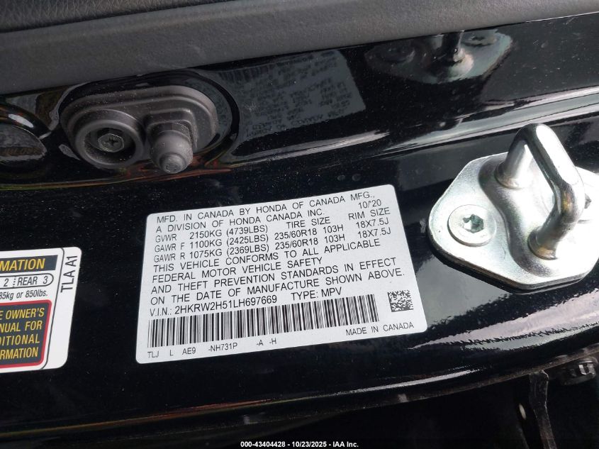 2020 Honda Cr-V Awd Ex VIN: 2HKRW2H51LH697669 Lot: 43404428