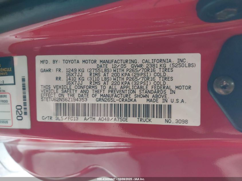 2006 Toyota Tacoma Prerunner V6 VIN: 5TETU62N56Z194353 Lot: 43404447