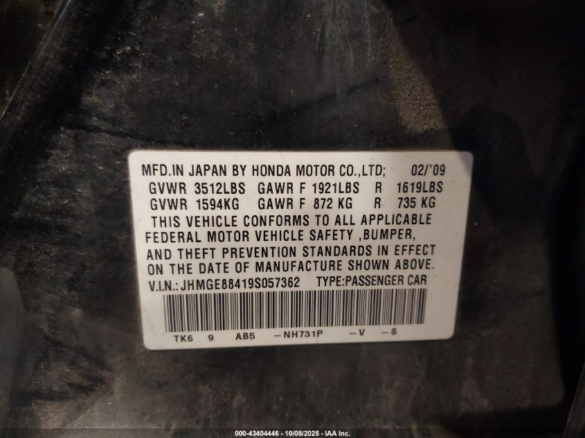 2009 Honda Fit Sport VIN: JHMGE88419S057362 Lot: 43404446