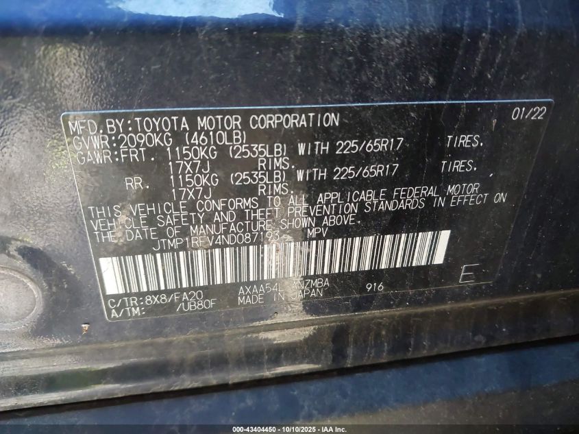 2022 Toyota Rav4 Xle VIN: JTMP1RFV4ND087193 Lot: 43404450