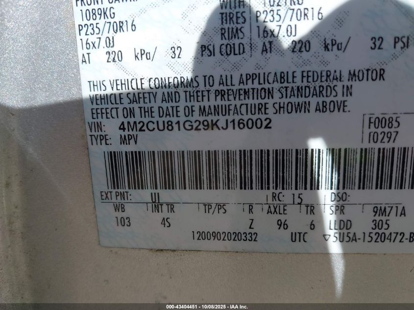 2009 Mercury Mariner V6 VIN: 4M2CU81G29KJ16002 Lot: 43404451