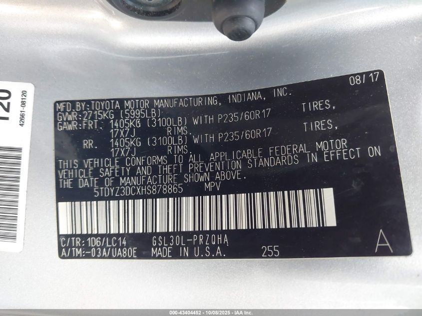 2017 Toyota Sienna Xle 8 Passenger VIN: 5TDYZ3DCXHS878865 Lot: 43404452