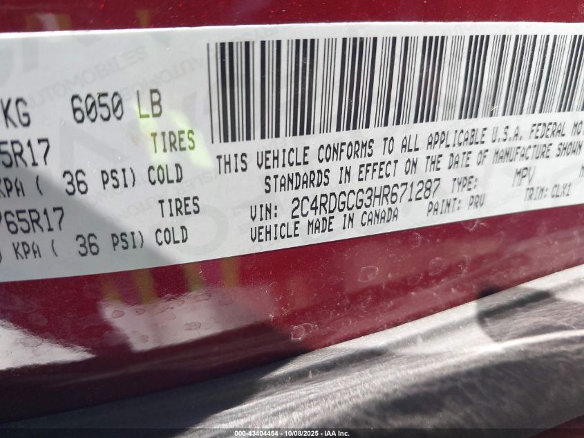 2017 Dodge Grand Caravan Sxt VIN: 2C4RDGCG3HR671287 Lot: 43404454