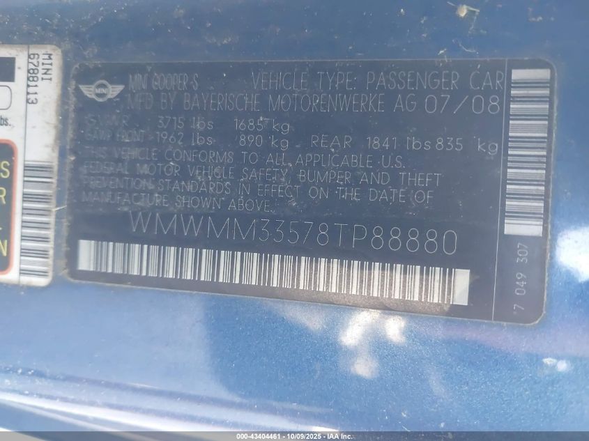 2008 Mini Cooper S Clubman VIN: WMWMM33578TP88880 Lot: 43404461