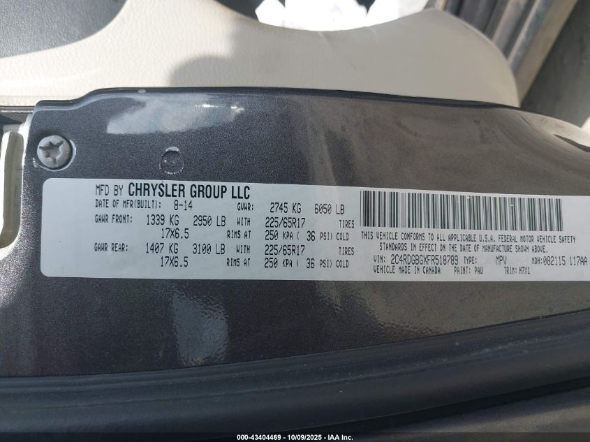 2015 Dodge Grand Caravan Se VIN: 2C4RDGBGXFR518789 Lot: 43404469