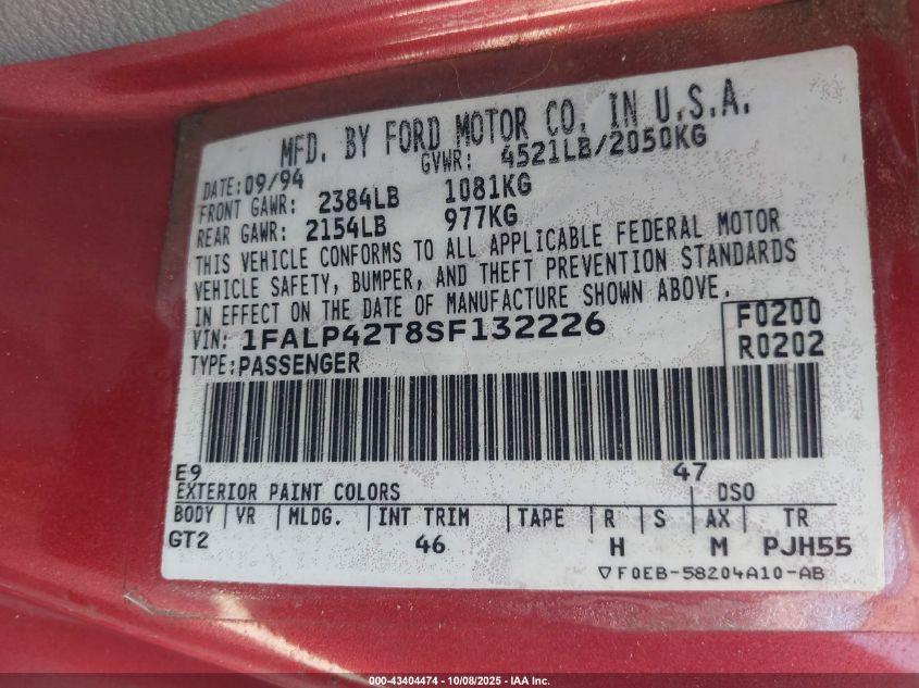 1995 Ford Mustang Gt/Gts VIN: 1FALP42T8SF132226 Lot: 43404474