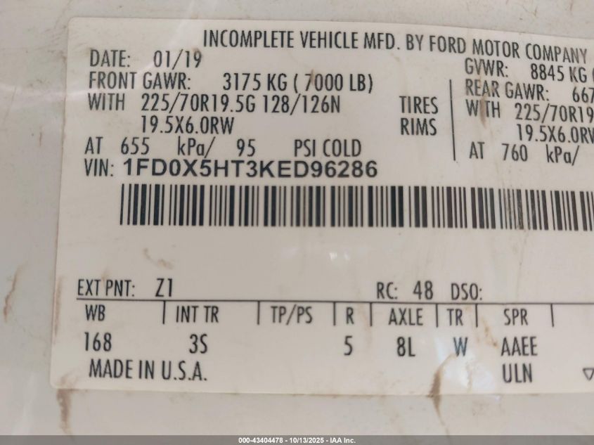 2019 Ford F-550 Chassis Xlt VIN: 1FD0X5HT3KED96286 Lot: 43404478