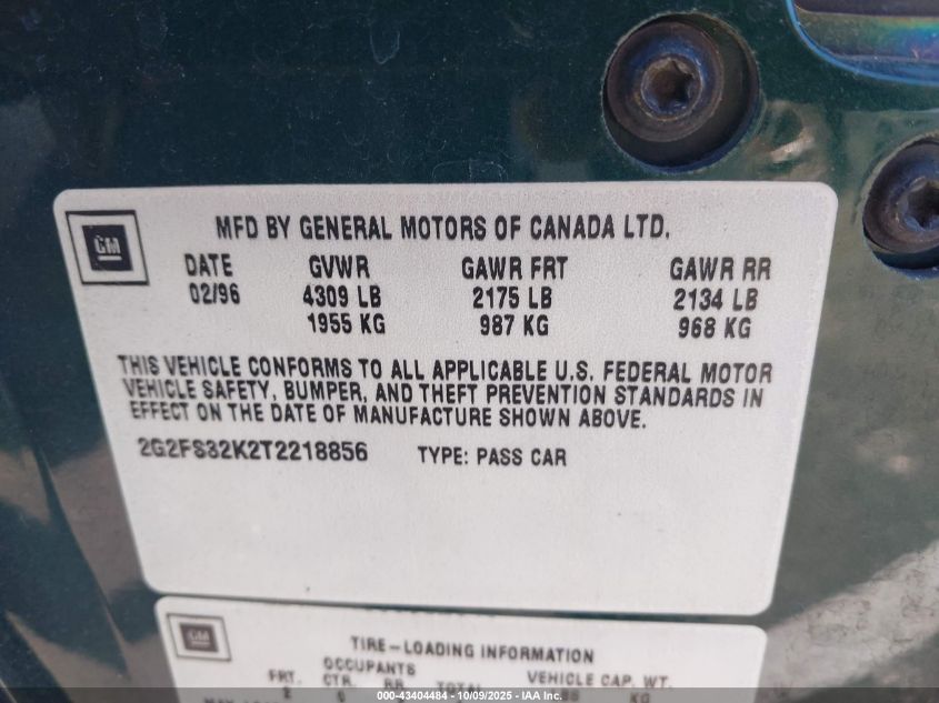 1996 Pontiac Firebird VIN: 2G2FS32K2T2218856 Lot: 43404484