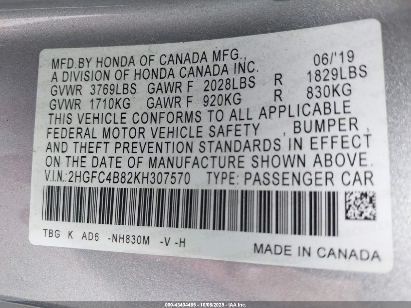 2019 Honda Civic Sport VIN: 2HGFC4B82KH307570 Lot: 43404485