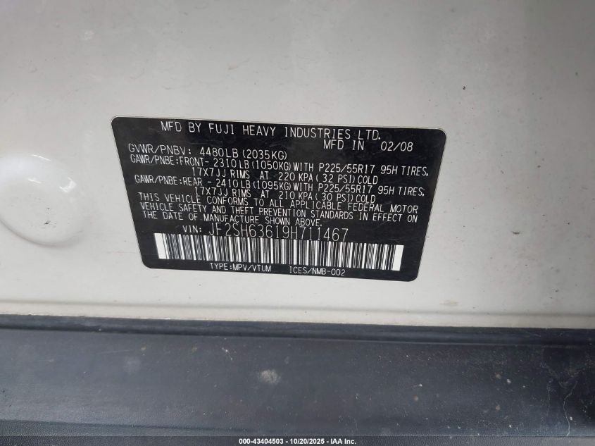 2009 Subaru Forester 2.5X VIN: JF2SH63619H711467 Lot: 43404503