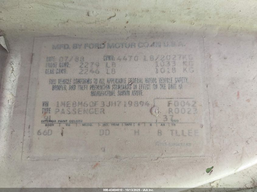 1988 Mercury Cougar Ls VIN: 1MEBM60F3JH719894 Lot: 43404510