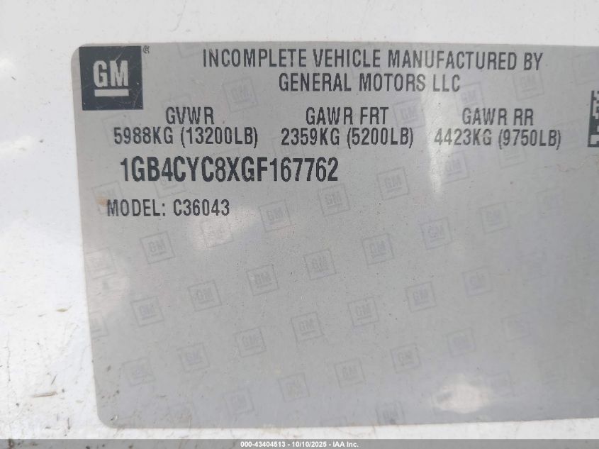 2016 Chevrolet Silverado 3500Hd Chassis Wt VIN: 1GB4CYC8XGF167762 Lot: 43404513