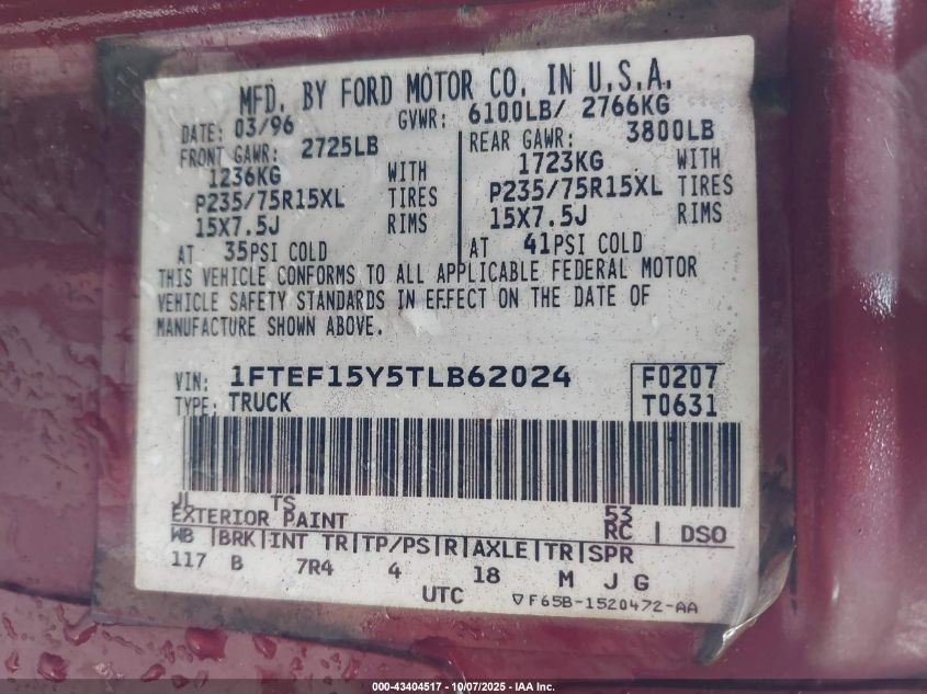 1996 Ford F150 VIN: 1FTEF15Y5TLB62024 Lot: 43404517