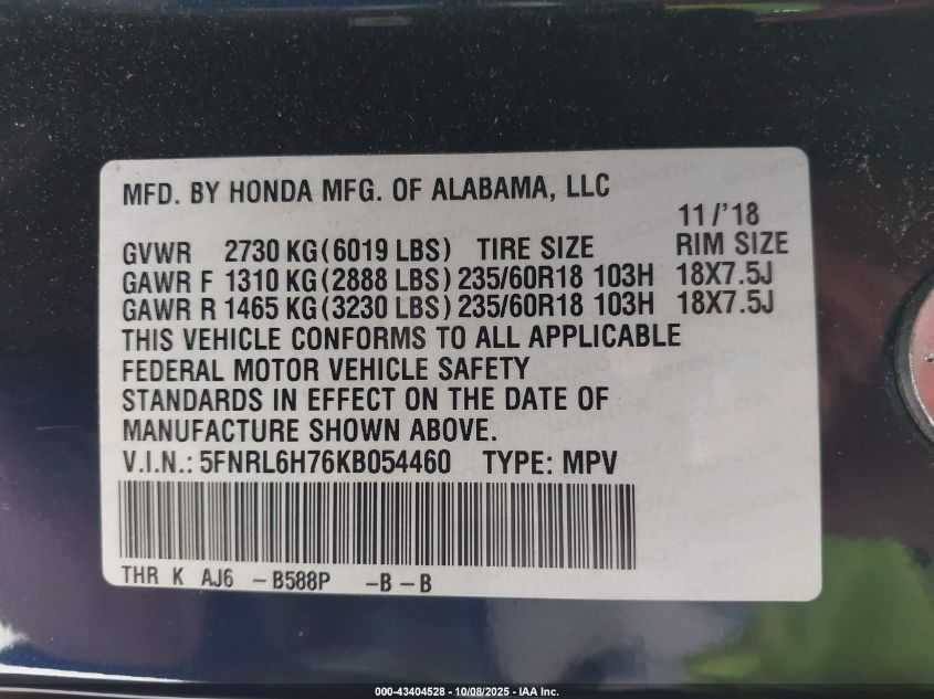 2019 Honda Odyssey Ex-L VIN: 5FNRL6H76KB054460 Lot: 43404528
