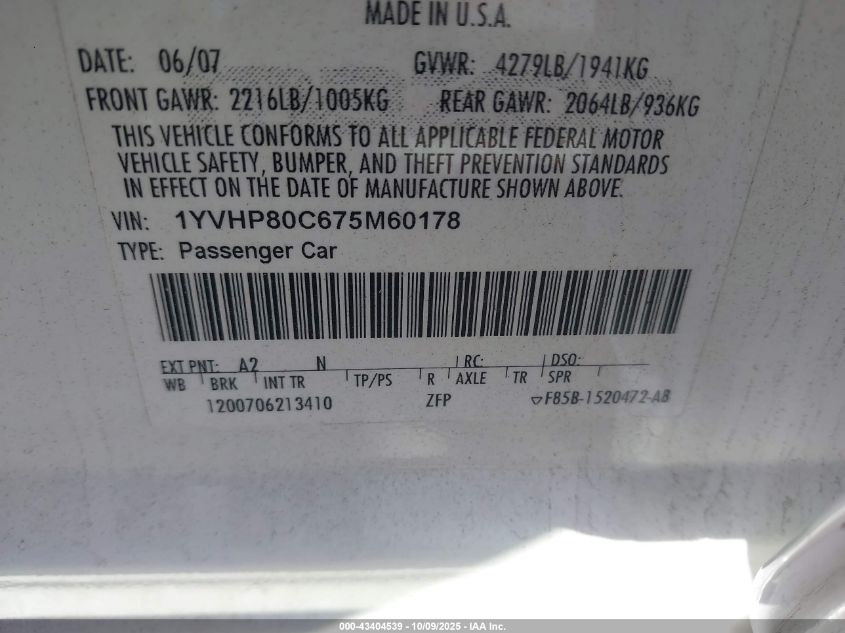 2007 Mazda Mazda6 I Sport Ve VIN: 1YVHP80C675M60178 Lot: 43404539