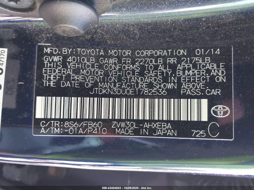 2014 Toyota Prius Two VIN: JTDKN3DU0E1782536 Lot: 43404543