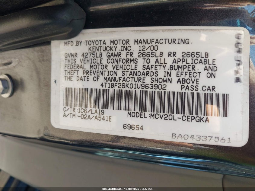 2001 Toyota Camry Xle V6 VIN: 4T1BF28K01U963902 Lot: 43404545
