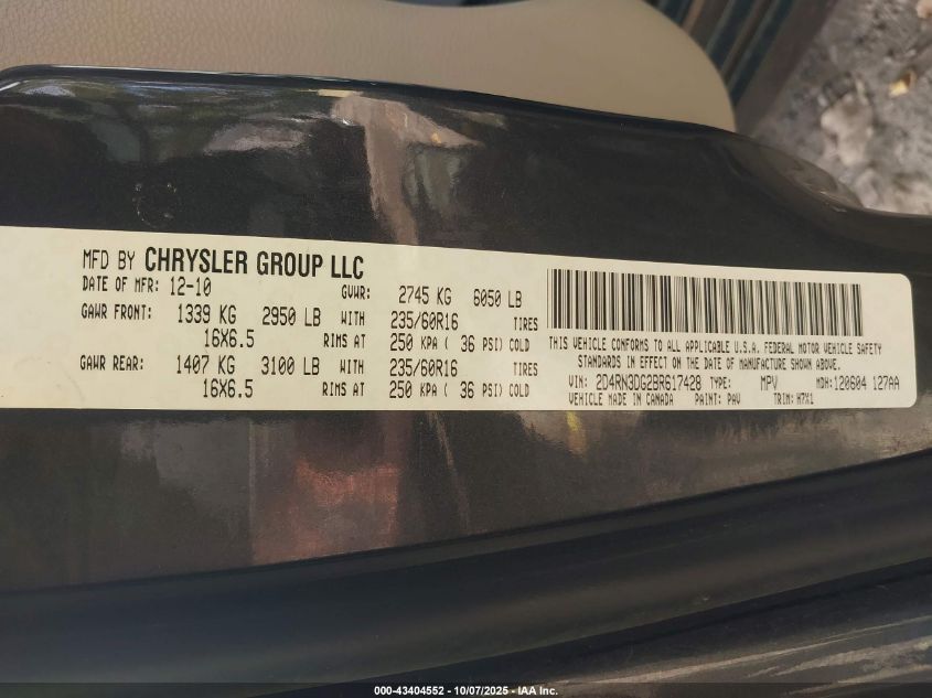 2011 Dodge Grand Caravan Mainstreet VIN: 2D4RN3DG2BR617428 Lot: 43404552