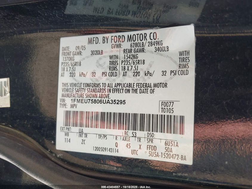 2006 Ford Explorer Limited VIN: 1FMEU75806UA35295 Lot: 43404557