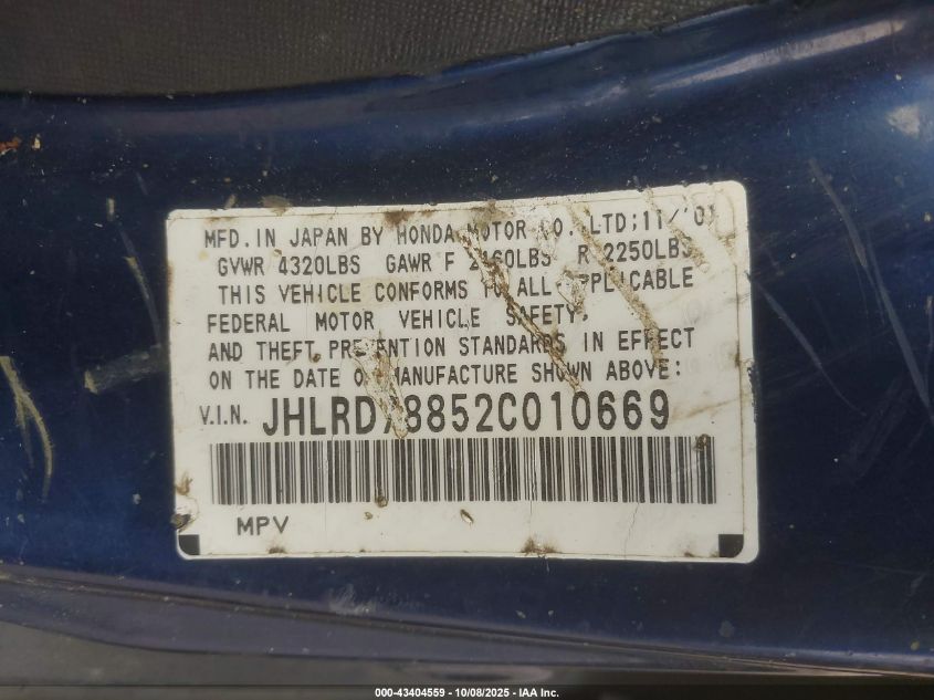 2002 Honda Cr-V Lx VIN: JHLRD78582C010669 Lot: 43404559