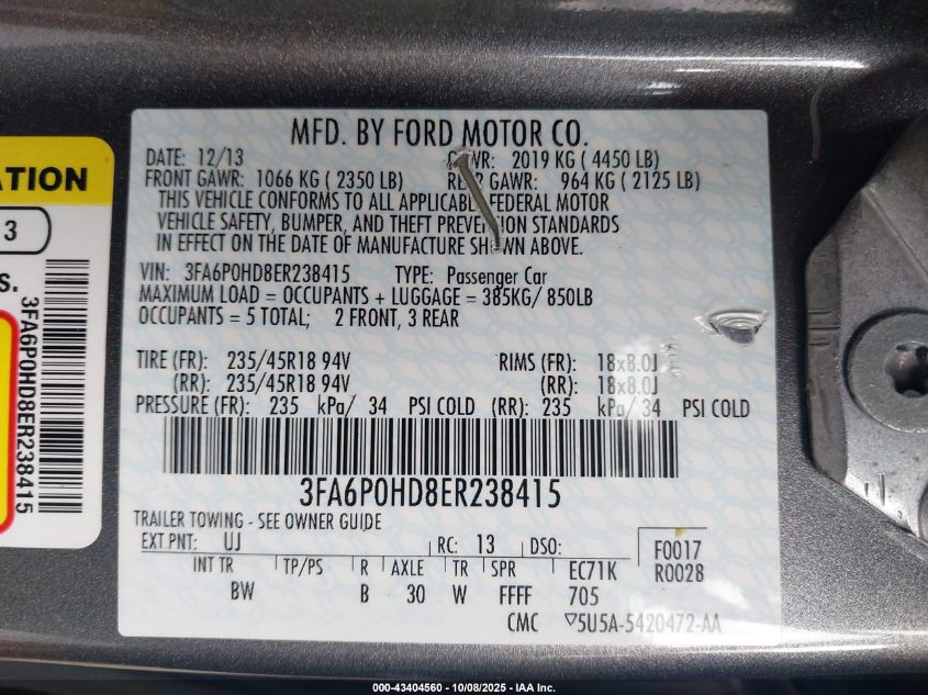 2014 Ford Fusion Se VIN: 3FA6P0HD8ER238415 Lot: 43404560
