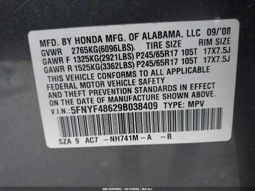 2009 Honda Pilot Ex-L VIN: 5FNYF48629B038409 Lot: 43404583